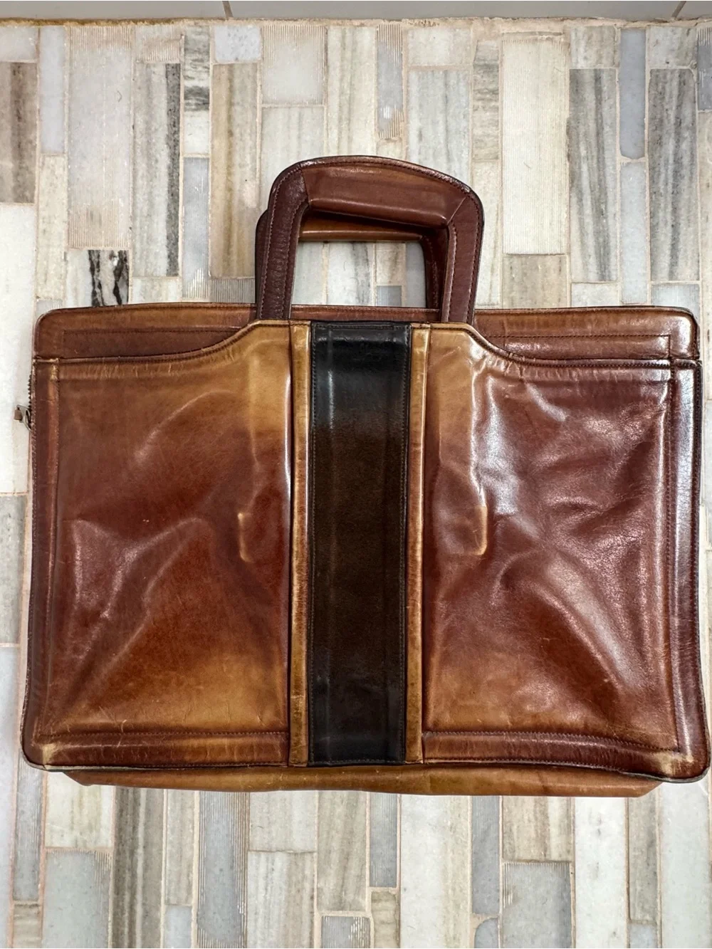 Rare vintage Oleg Cassini leather briefcase two tone leather drop handles zip